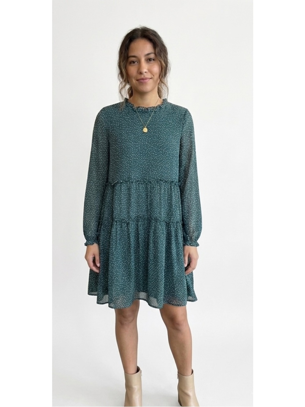 Maeve Anthropologie Green Polka Dot Tiered Dress M